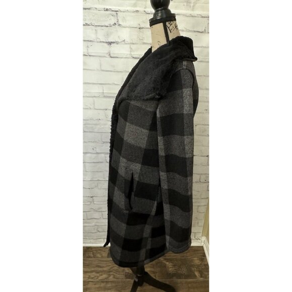 Steve Madden Size Med Lake Ode‎ Faux Fur Buffalo Plaid Check Gray Black Coat - Picture 3 of 14